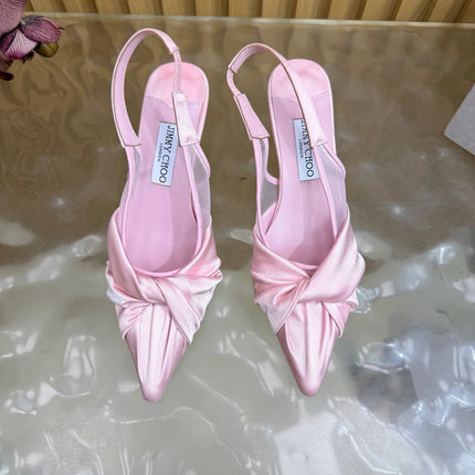 JIMMY CHOO 26S SLINGBACK HEELS 60 MM IN LIGHT PINK SATIN WITH KNOT DETAIL