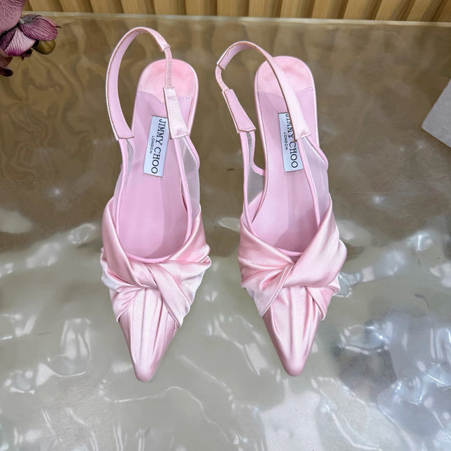 JIMMY CHOO 26S SLINGBACK HEELS 60 MM IN LIGHT PINK SATIN WITH KNOT DETAIL