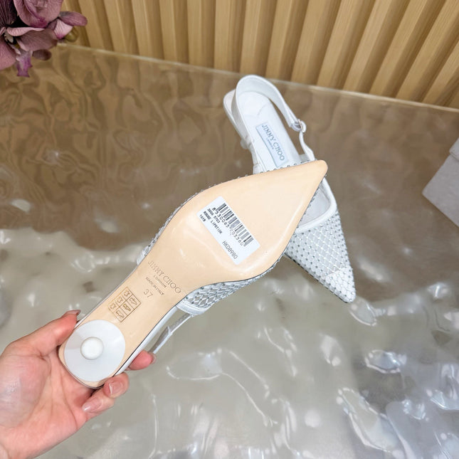 JIMMY CHOO 26S SLINGBACK HEELS 60 MM IN WHITE MESH & CRYSTALS