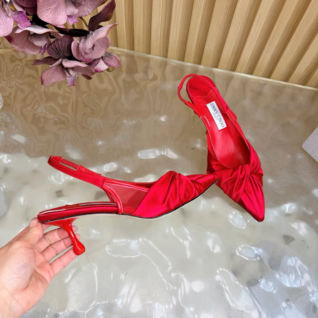 JIMMY CHOO 26S SLINGBACK HEELS 60 MM IN RED SATIN WITH KNOT DETAIL