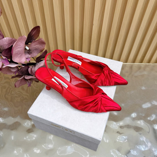 JIMMY CHOO 26S SLINGBACK HEELS 60 MM IN RED SATIN WITH KNOT DETAIL