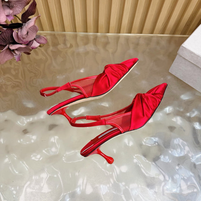 JIMMY CHOO 26S SLINGBACK HEELS 60 MM IN RED SATIN WITH KNOT DETAIL