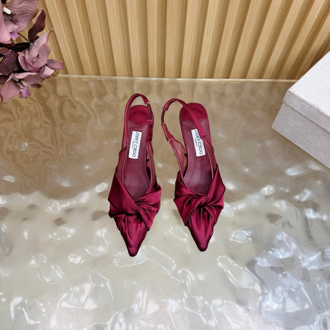 JIMMY CHOO 26S SLINGBACK HEELS 60 MM IN DARK RED SATIN WITH KNOT DETAIL