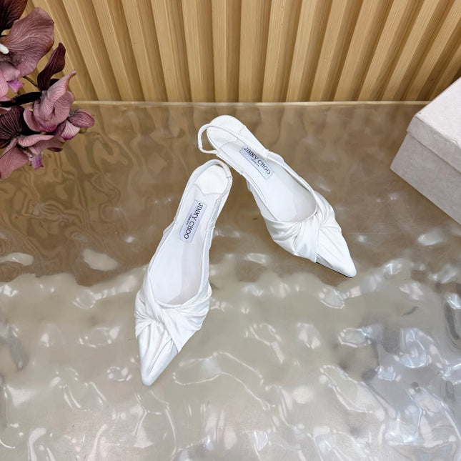 JIMMY CHOO 26S SLINGBACK HEELS 60 MM IN WHITE SATIN WITH KNOT DETAIL