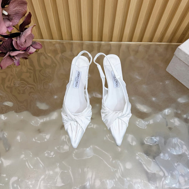 JIMMY CHOO 26S SLINGBACK HEELS 60 MM IN WHITE SATIN WITH KNOT DETAIL