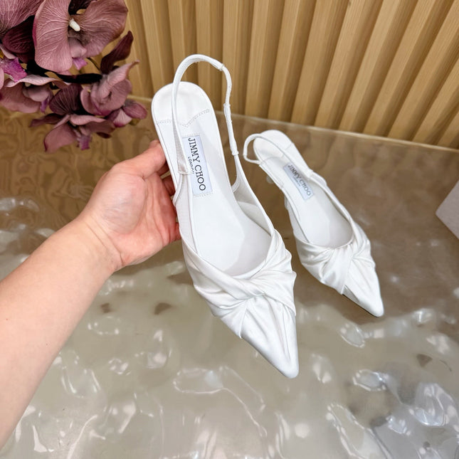 JIMMY CHOO 26S SLINGBACK HEELS 60 MM IN WHITE SATIN WITH KNOT DETAIL