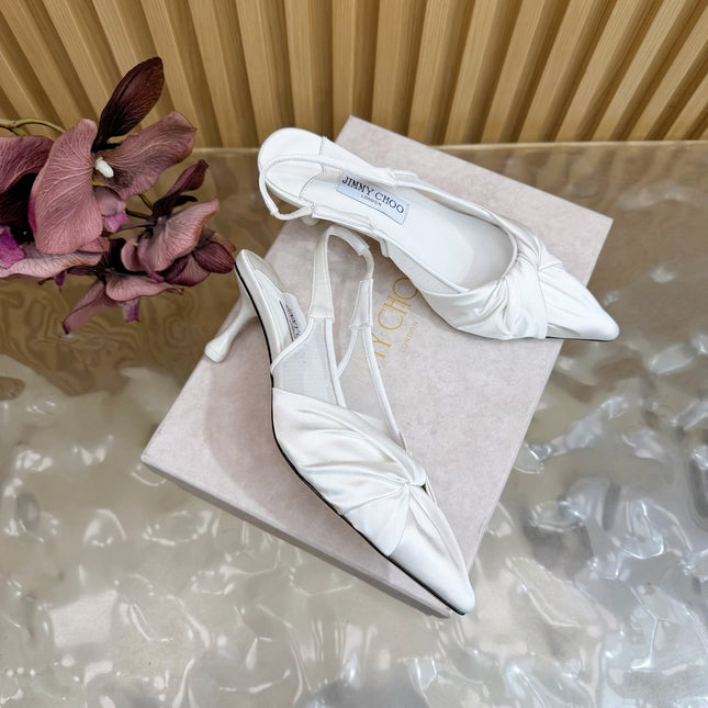 JIMMY CHOO 26S SLINGBACK HEELS 60 MM IN WHITE SATIN WITH KNOT DETAIL