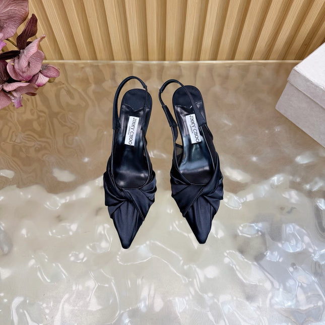 JIMMY CHOO 26S SLINGBACK HEELS 60 MM IN BLACK SATIN WITH KNOT DETAIL