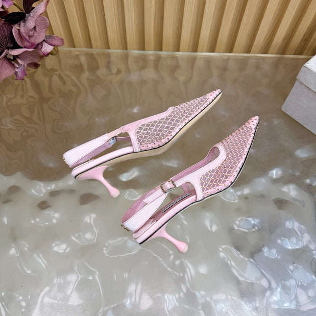 JIMMY CHOO 26S SLINGBACK HEELS 60 MM IN LIGHT PINK MESH & CRYSTALS