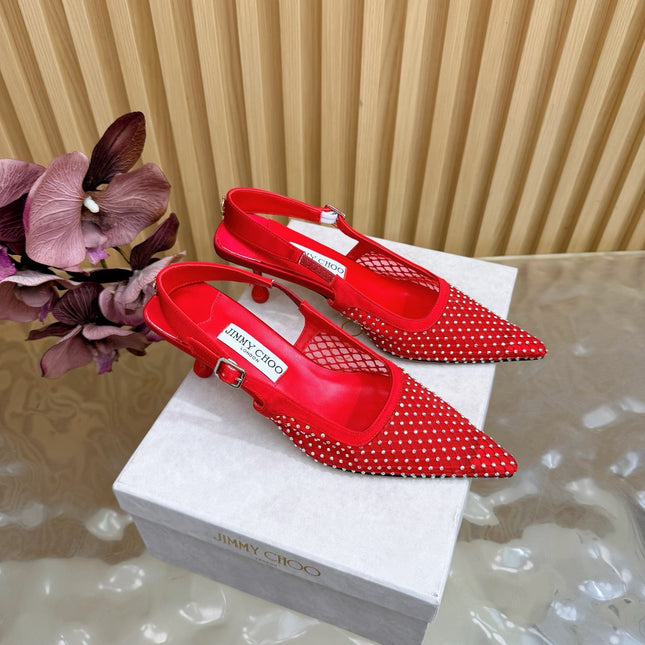 JIMMY CHOO 26S SLINGBACK HEELS 60 MM IN RED MESH & CRYSTALS