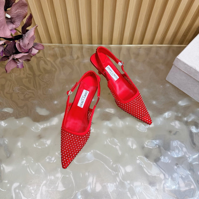 JIMMY CHOO 26S SLINGBACK HEELS 60 MM IN RED MESH & CRYSTALS