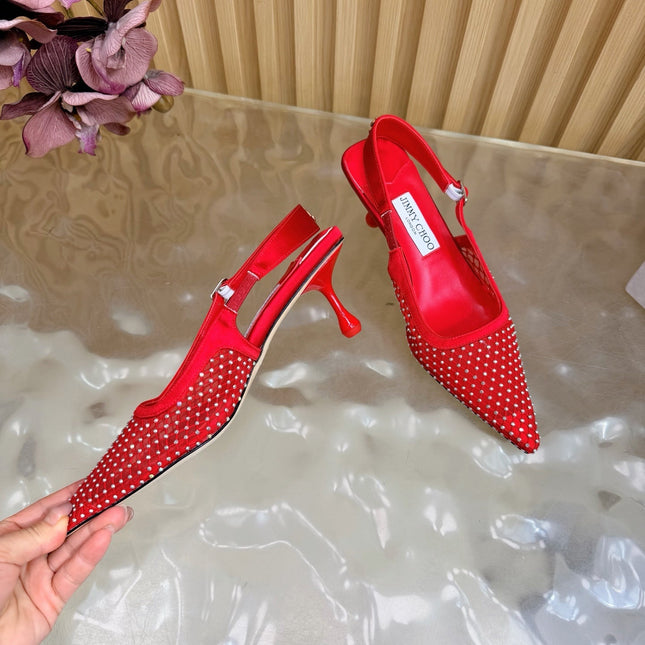 JIMMY CHOO 26S SLINGBACK HEELS 60 MM IN RED MESH & CRYSTALS