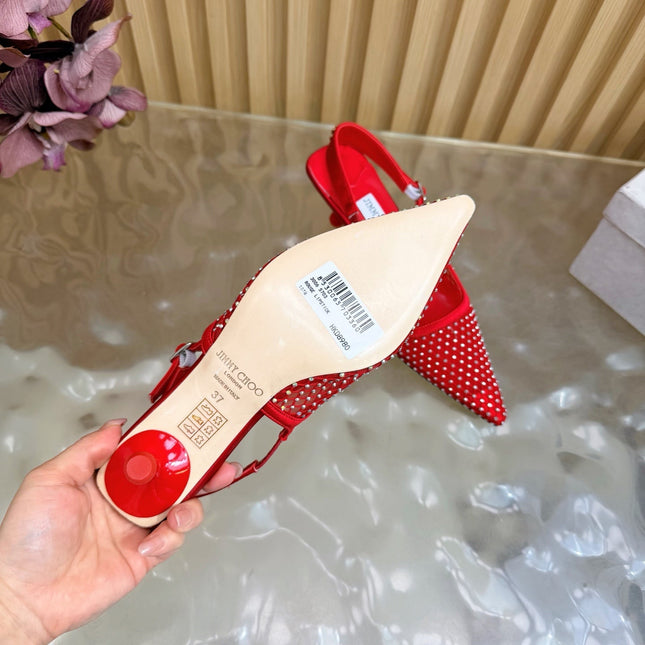 JIMMY CHOO 26S SLINGBACK HEELS 60 MM IN RED MESH & CRYSTALS