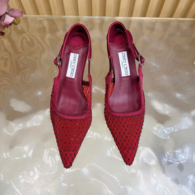JIMMY CHOO 26S SLINGBACK HEELS 60 MM IN DARK RED MESH & CRYSTALS