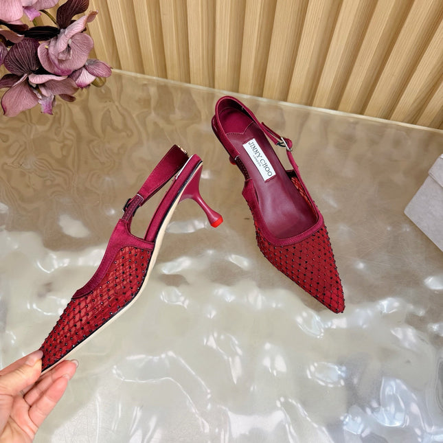 JIMMY CHOO 26S SLINGBACK HEELS 60 MM IN DARK RED MESH & CRYSTALS