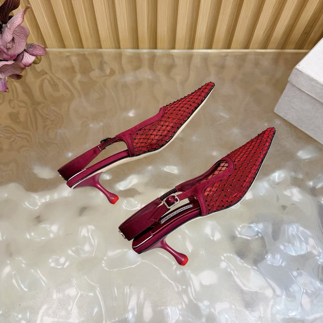 JIMMY CHOO 26S SLINGBACK HEELS 60 MM IN DARK RED MESH & CRYSTALS