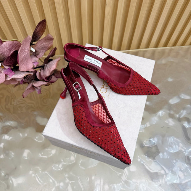 JIMMY CHOO 26S SLINGBACK HEELS 60 MM IN DARK RED MESH & CRYSTALS