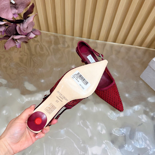 JIMMY CHOO 26S SLINGBACK HEELS 60 MM IN DARK RED MESH & CRYSTALS