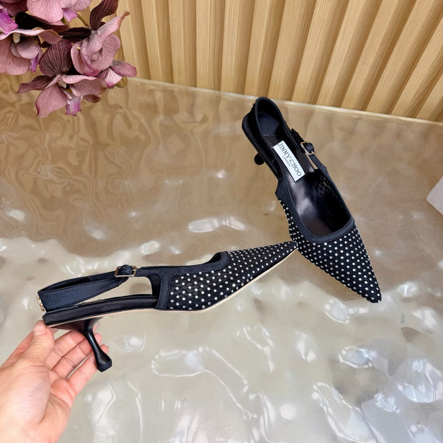 JIMMY CHOO 26S SLINGBACK HEELS 60 MM IN BLACK MESH & CRYSTALS