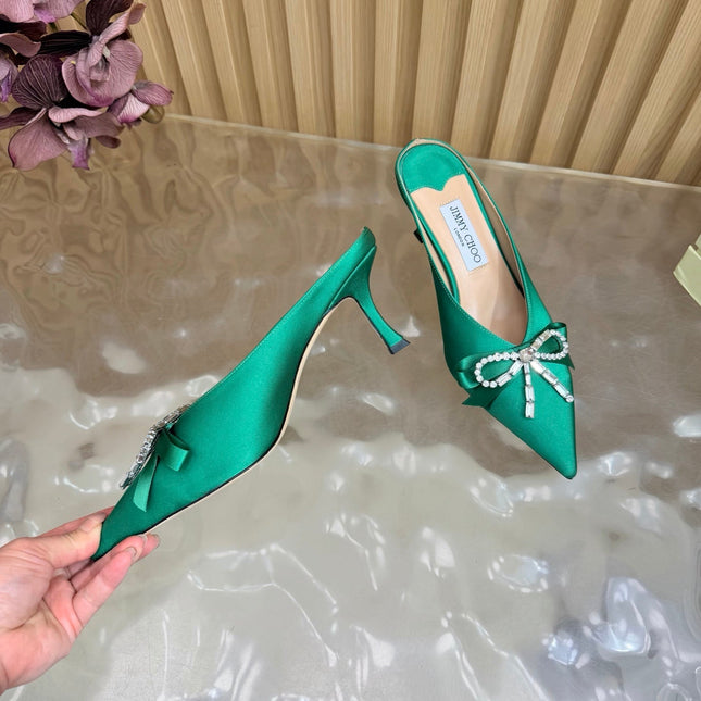 JIMMY CHOO 26S HIGH-HEELED MULES 65 MM IN GREEN SATIN WITH RHINESTONE BOW