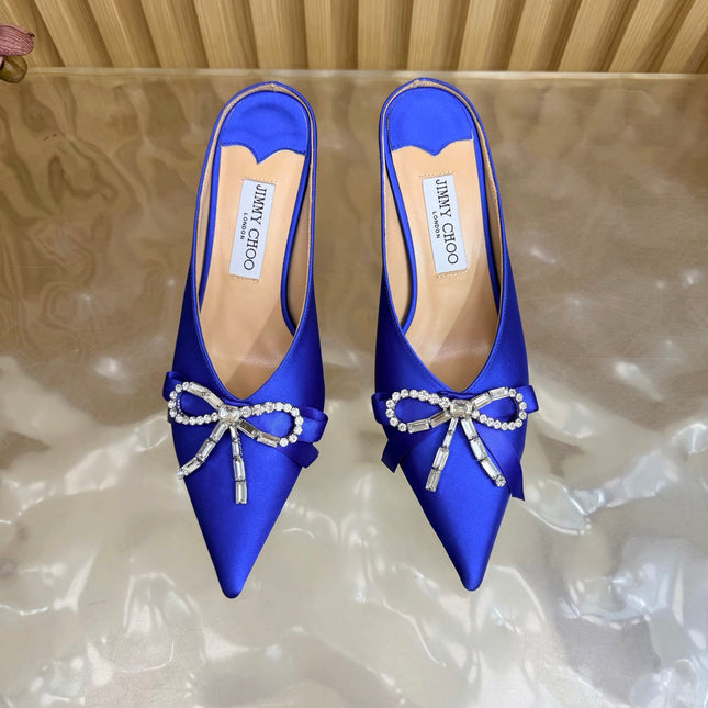 JIMMY CHOO 26S HIGH-HEELED MULES 65 MM IN NAVY BLUE SATIN WITH RHINESTONE BOW