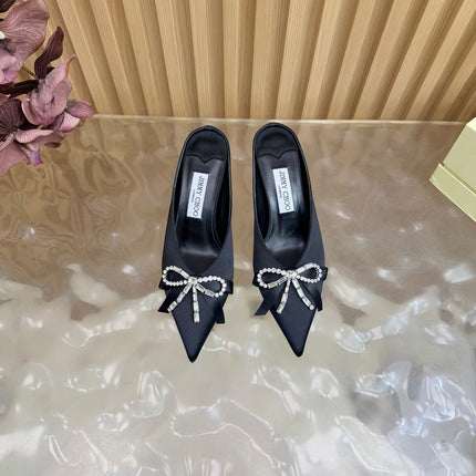 JIMMY CHOO 26S HIGH-HEELED MULES 65 MM IN BLACK SATIN WITH RHINESTONE BOW