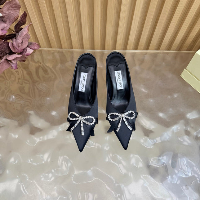 JIMMY CHOO 26S HIGH-HEELED MULES 65 MM IN BLACK SATIN WITH RHINESTONE BOW