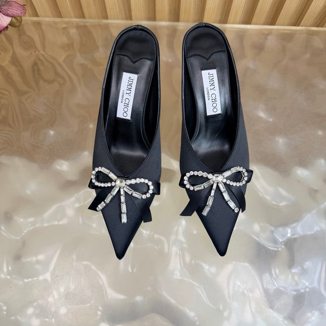 JIMMY CHOO 26S HIGH-HEELED MULES 65 MM IN BLACK SATIN WITH RHINESTONE BOW