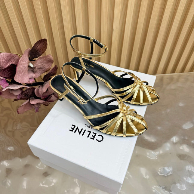 CELINE 26S TRIOMPHE STRAPPY HEELED SANDEL IN METALIC GOLD LABSKIN