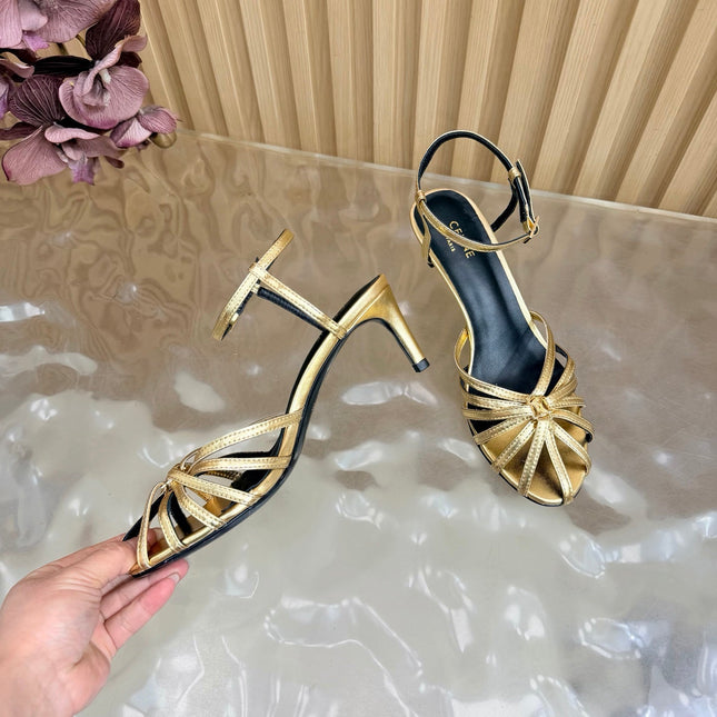 CELINE 26S TRIOMPHE STRAPPY HEELED SANDEL IN METALIC GOLD LABSKIN