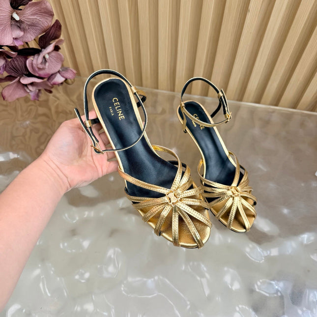 CELINE 26S TRIOMPHE STRAPPY HEELED SANDEL IN METALIC GOLD LABSKIN