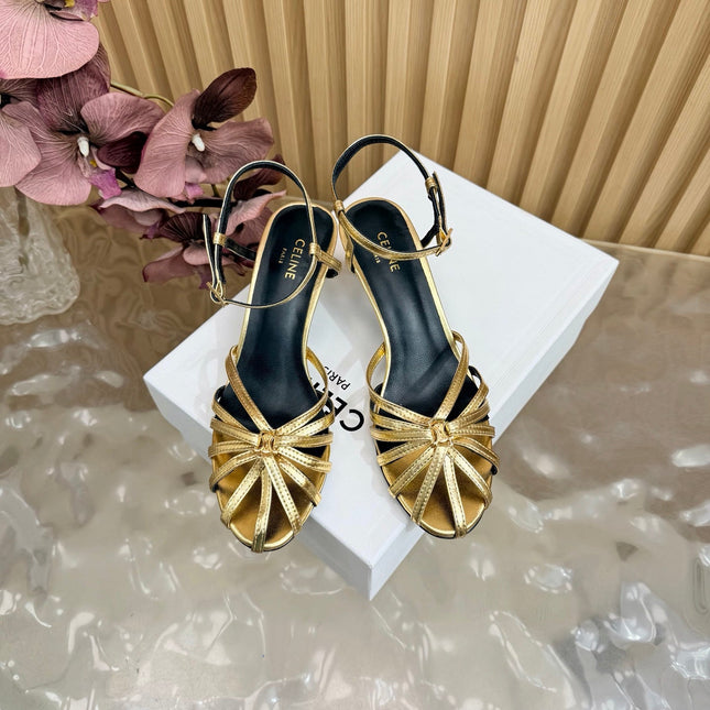 CELINE 26S TRIOMPHE STRAPPY HEELED SANDEL IN METALIC GOLD LABSKIN