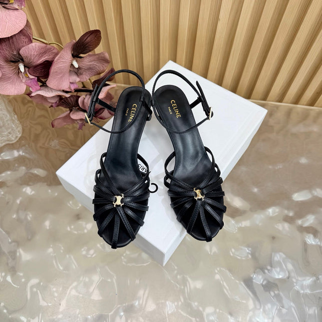 CELINE 26S TRIOMPHE STRAPPY HEELED SANDEL IN BLACK LAMBSKIN