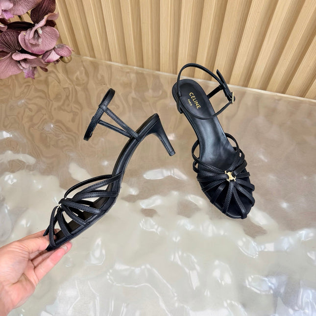 CELINE 26S TRIOMPHE STRAPPY HEELED SANDEL IN BLACK LAMBSKIN