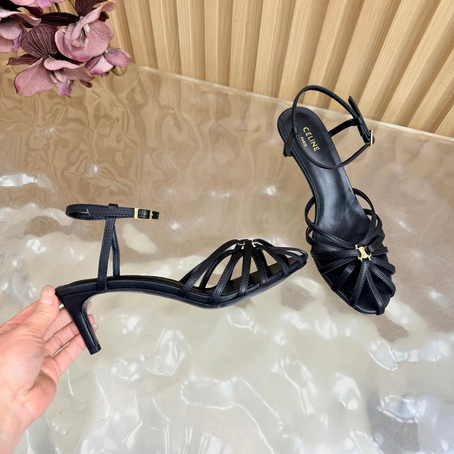 CELINE 26S TRIOMPHE STRAPPY HEELED SANDEL IN BLACK LAMBSKIN