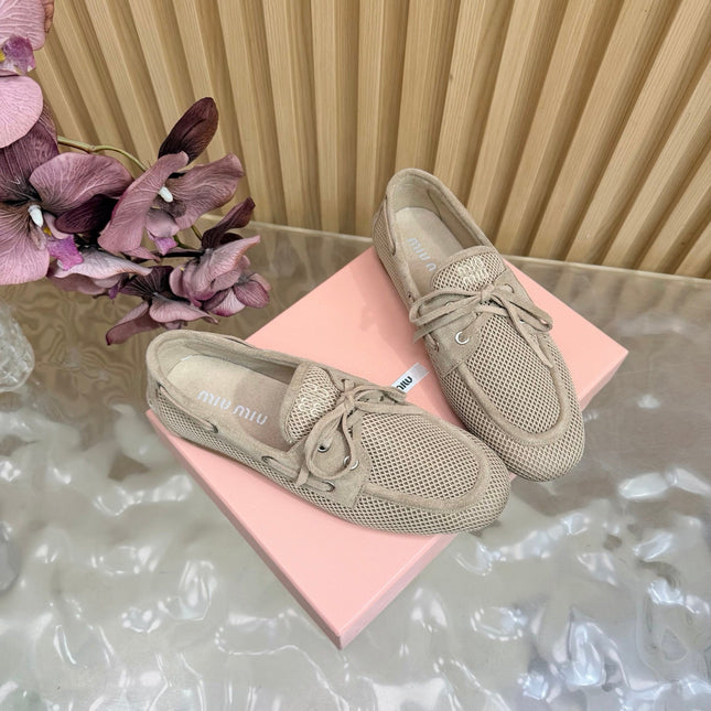 MIU MIU 26S MESH LOAFERS IN CAMEL KNIT FABRIC