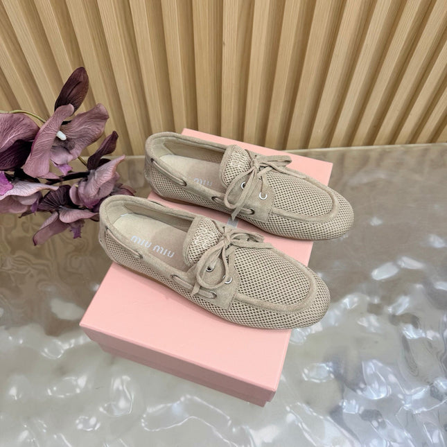 MIU MIU 26S MESH LOAFERS IN CAMEL KNIT FABRIC