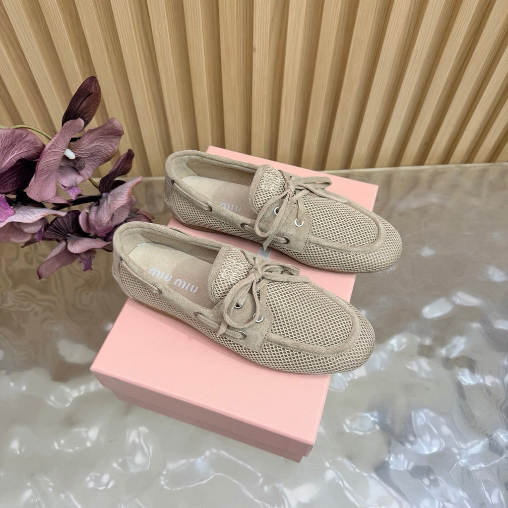 MIU MIU 26S MESH LOAFERS IN CAMEL KNIT FABRIC