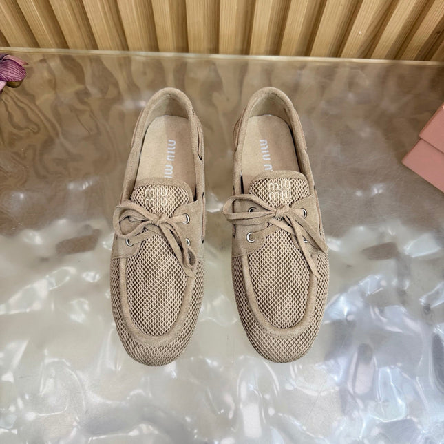 MIU MIU 26S MESH LOAFERS IN CAMEL KNIT FABRIC