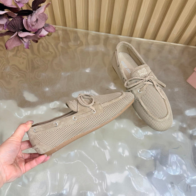 MIU MIU 26S MESH LOAFERS IN CAMEL KNIT FABRIC
