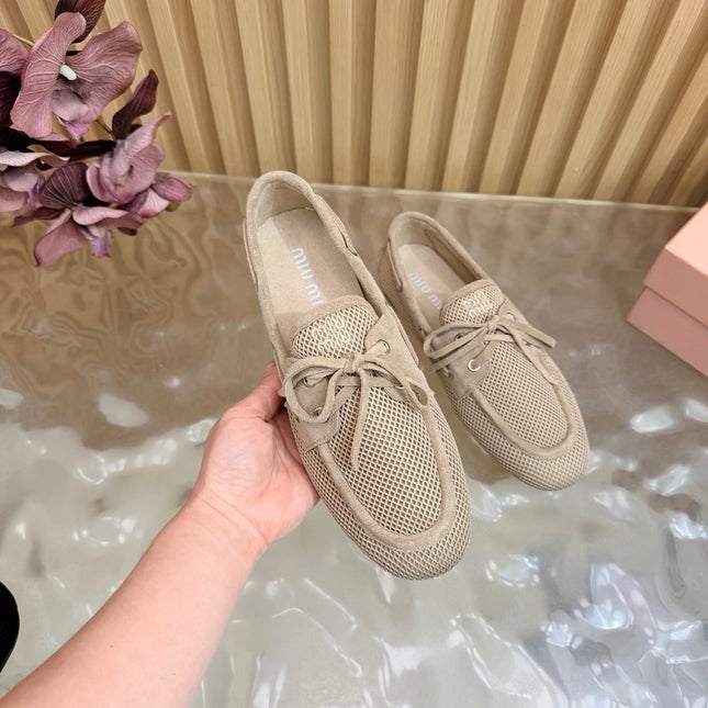 MIU MIU 26S MESH LOAFERS IN CAMEL KNIT FABRIC