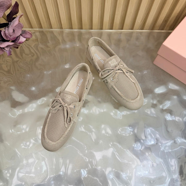 MIU MIU 26S MESH LOAFERS IN CAMEL KNIT FABRIC