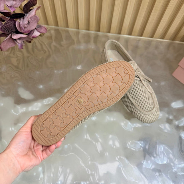 MIU MIU 26S MESH LOAFERS IN CAMEL KNIT FABRIC