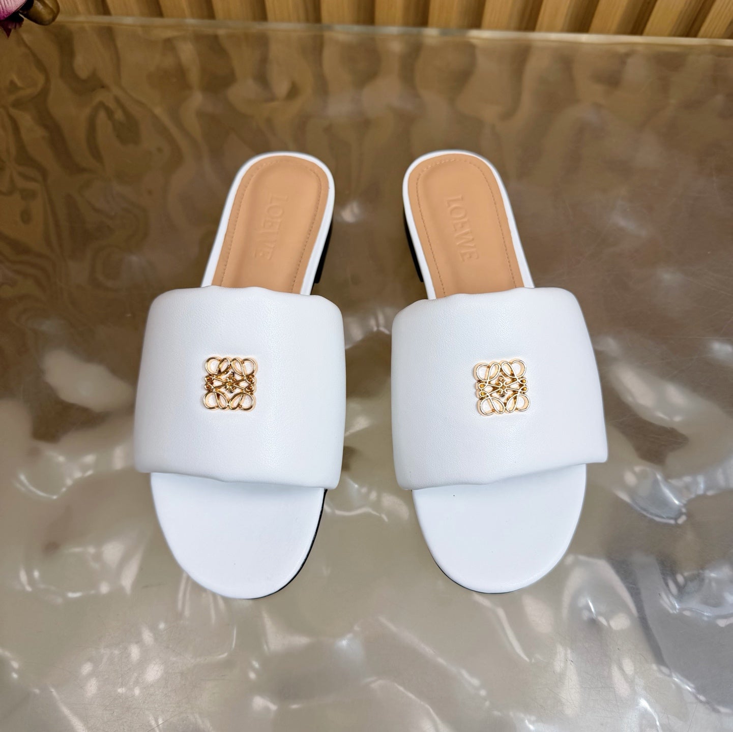 LOEWE 26S SLIDE SANDALS IN WHITE ANAGRAM PADDED LAMBSKIN
