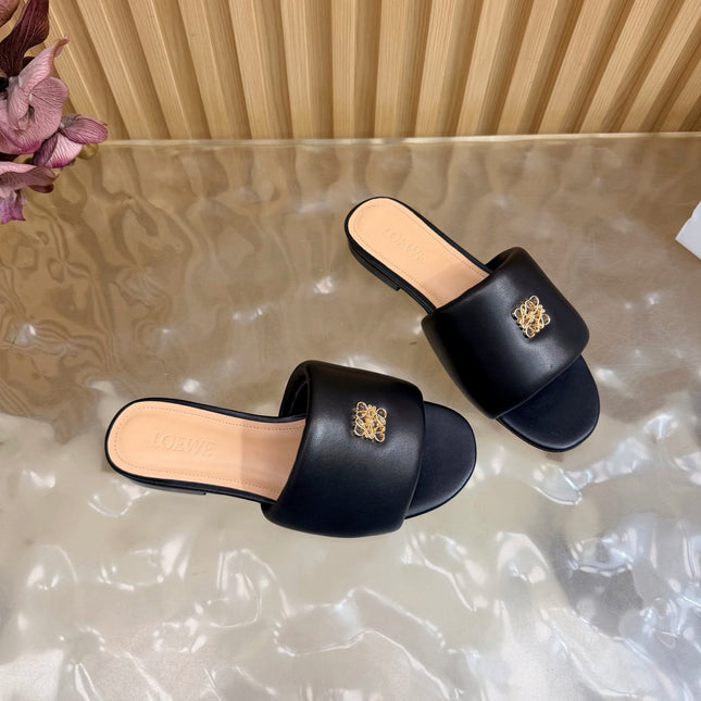 LOEWE 26S SLIDE SANDALS IN BLACK ANAGRAM PADDED LAMBSKIN