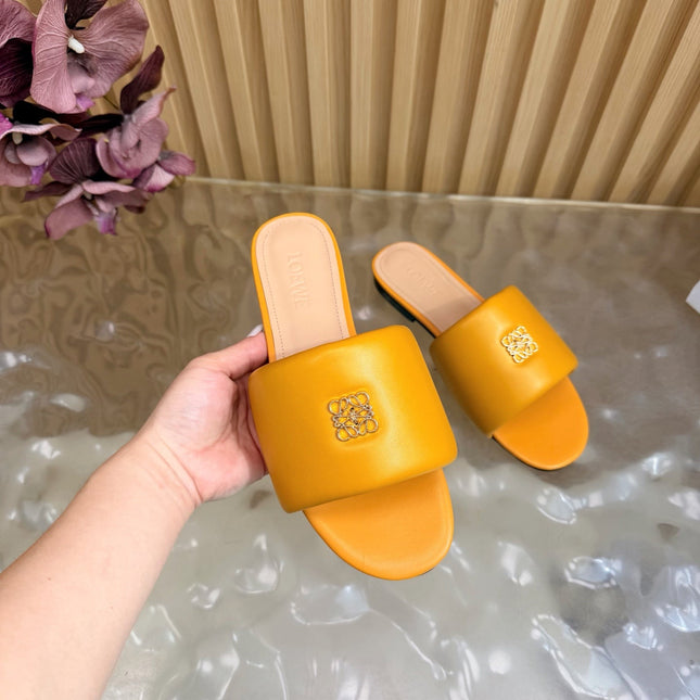 LOEWE 26S SLIDE SANDALS IN MUSTARD YELLOW ANAGRAM PADDED LAMBSKIN