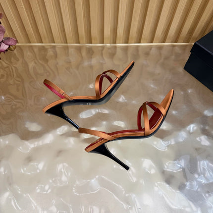 YSL 26S HIGH-HEELED SANDALS 90 MM IN COPPER ORANGE SATIN