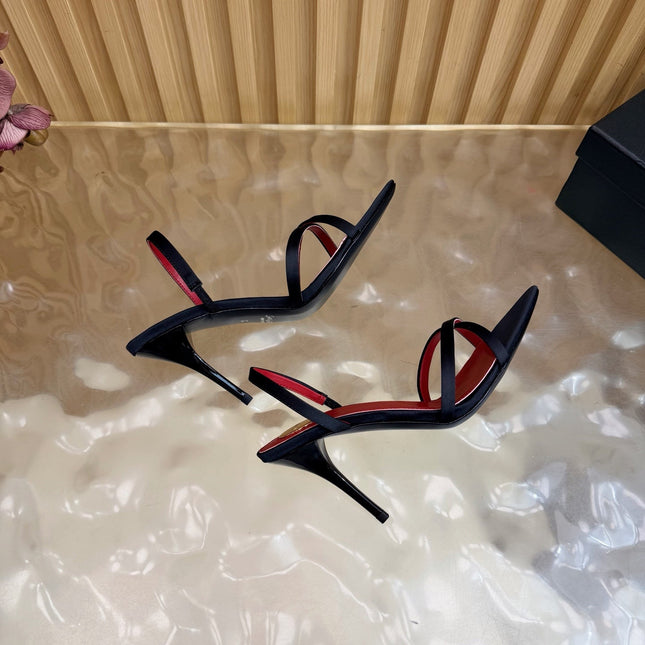 YSL 26S HIGH-HEELED SANDALS 90 MM IN BLACK SATIN