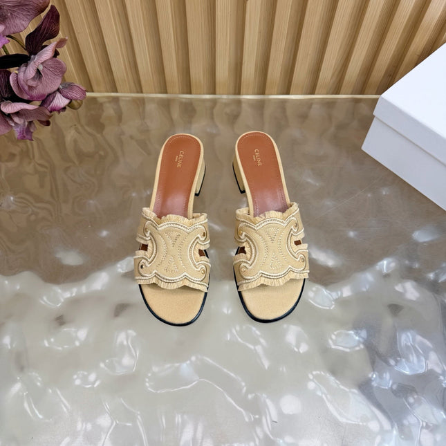 CELINE 26S TRIOMPHE BLOCK HEEL MULES IN DARK BEIGE DENIM