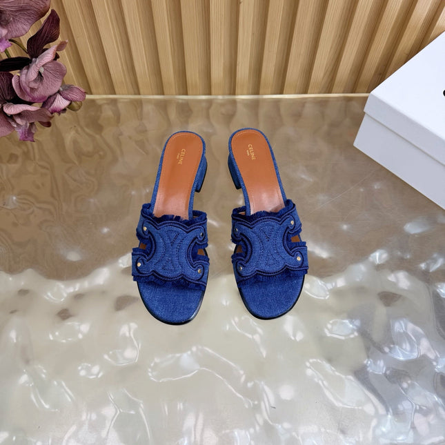 CELINE 26S TRIOMPHE BLOCK HEEL MULES IN BLUE DENIM